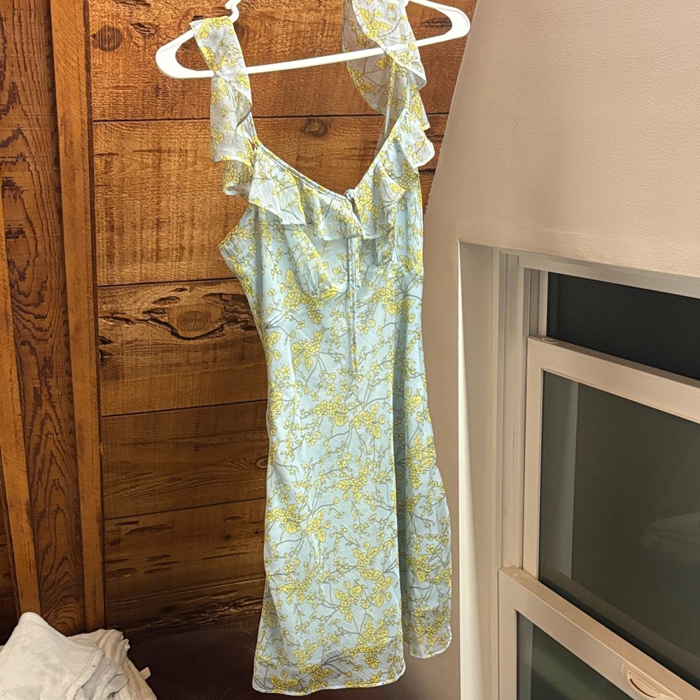 Floral Ruffle Mini Dress in Blue and Yellow
